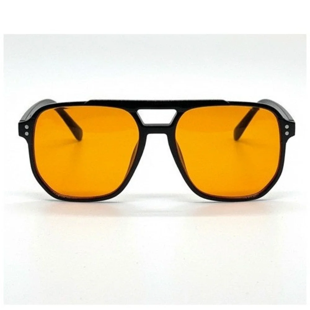 Retro Black Square Eyewear Sunglasses Orange Tinted Lens Double Bridge Women New